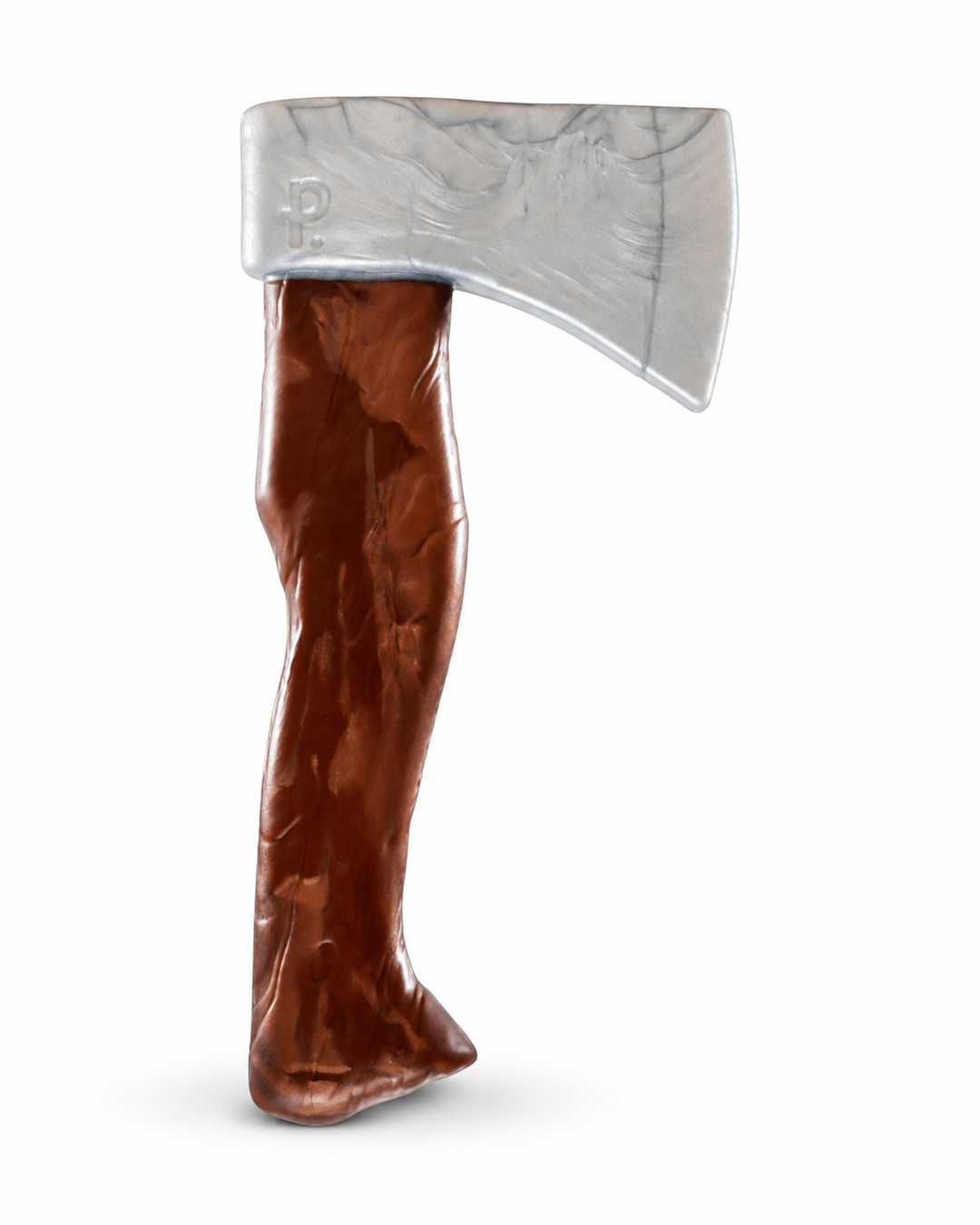 Phreak Axe silicone toy with a silver-grey axe head, embossed Phreak logo and curved brown marbled handle, on white with a soft shadow.