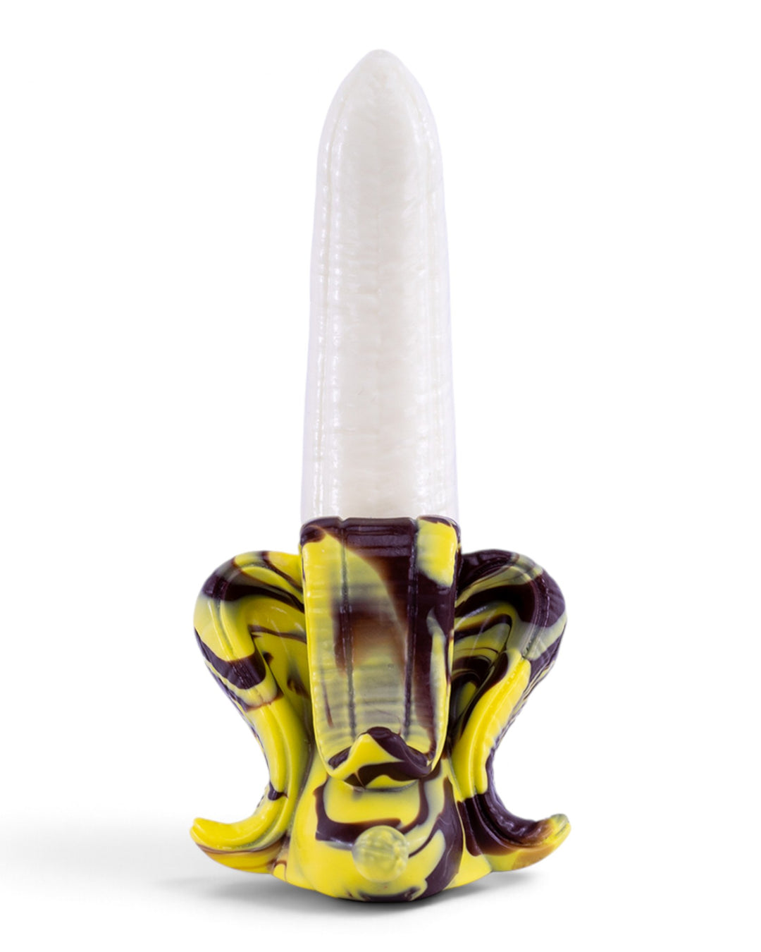 Front view of Phreak’s Banana silicone toy with a cream-white centre and yellow and brown marbled peel base on a white background.