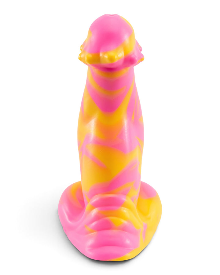 Rear view of a pink and mango-yellow Phreak silicone toy, showing its smooth contours and rounded base.