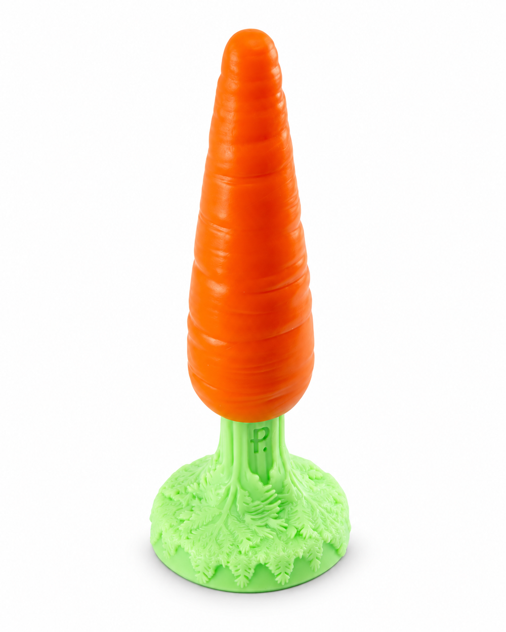 Alternate view of Phreak’s Carrot silicone toy showing its tapered orange shape, embossed logo and sculpted green leaf base on white.