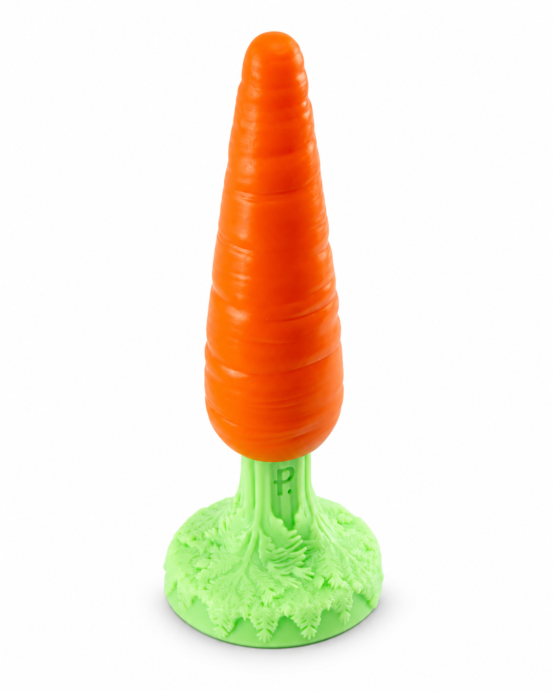 Alternate view of Phreak’s Carrot silicone toy showing its tapered orange shape, embossed logo and sculpted green leaf base on white.