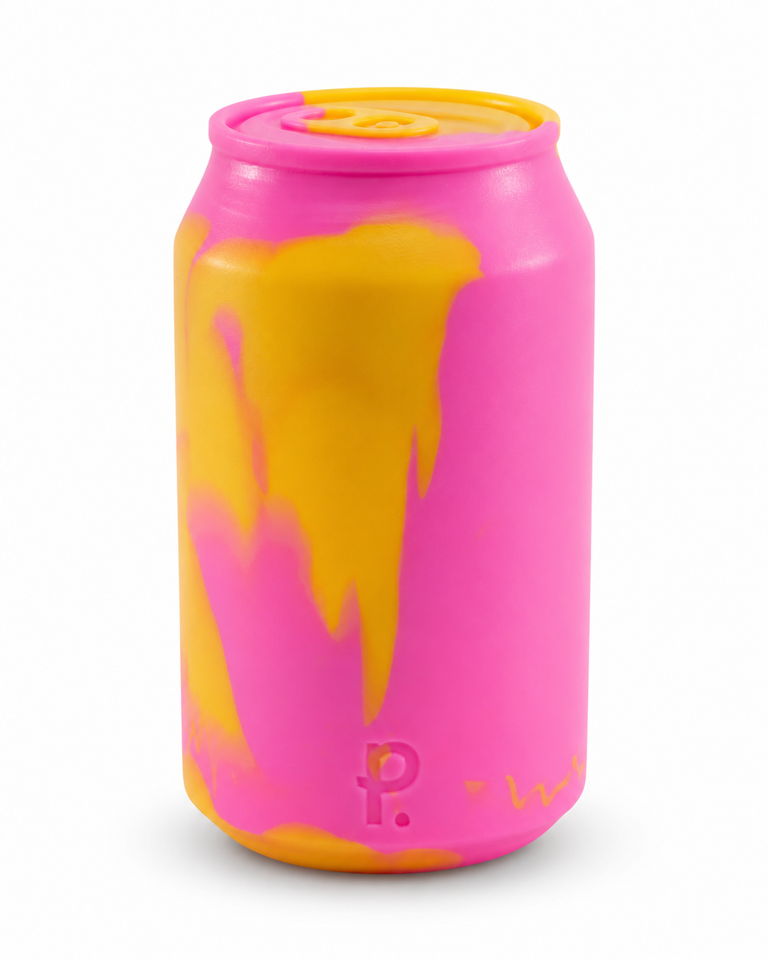 Bright pink and mango-yellow silicone can-shaped toy with a moulded ring-pull top and Phreak logo on white.