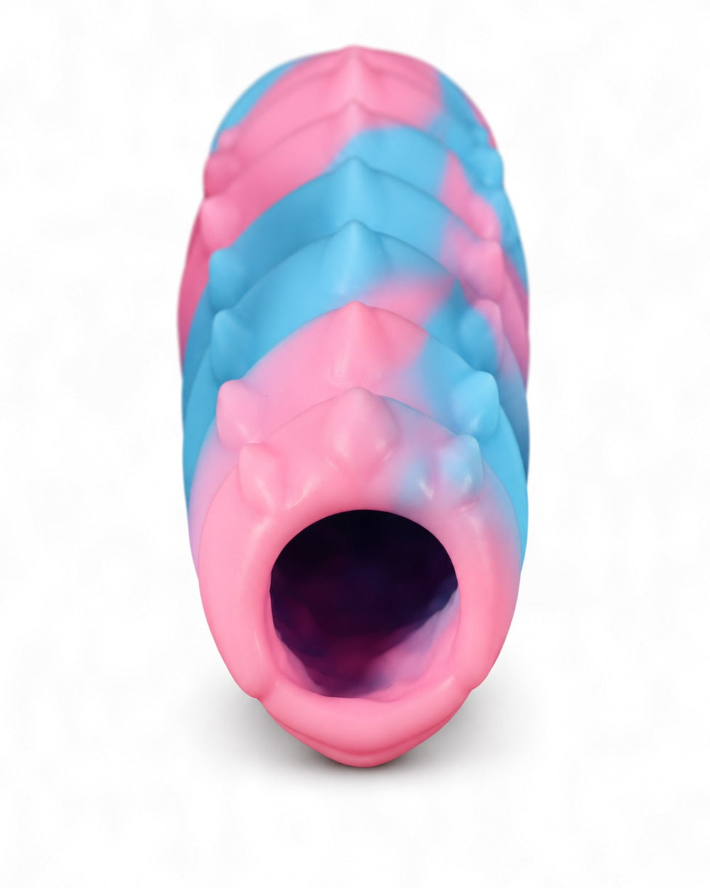 forward view of a pink-and-blue marbled silicone sleeve with raised ridges, an integrated loop and embossed Phreak logo, on a white background.