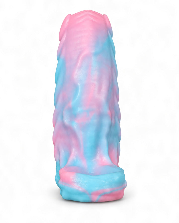 rear view of a pink-and-blue marbled silicone sleeve with raised ridges, an integrated loop and embossed Phreak logo, on a white background.