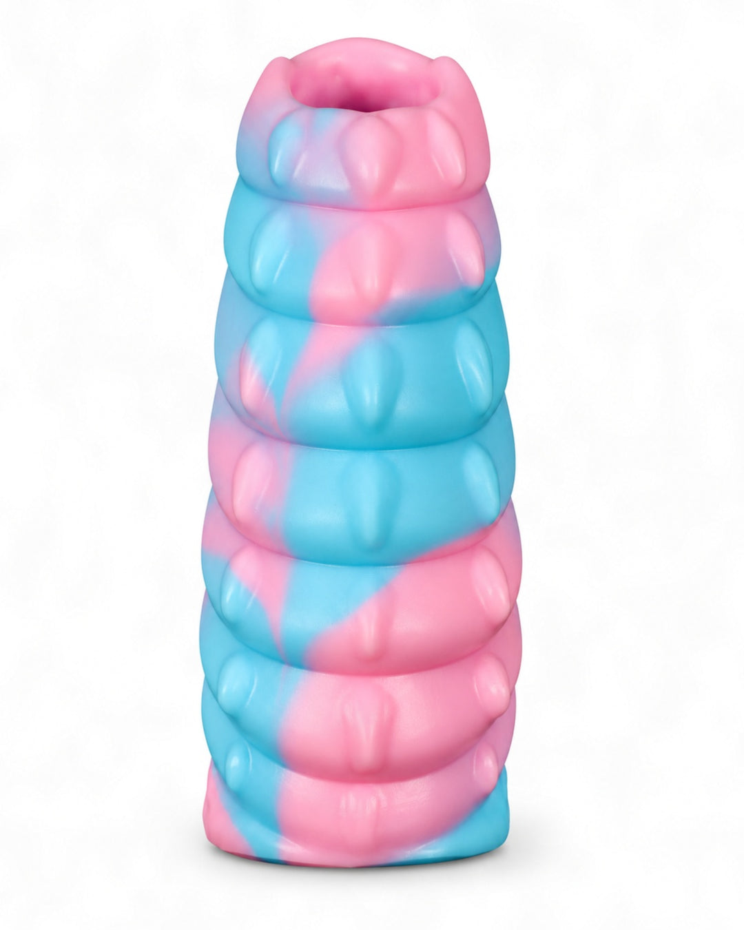 front view of a pink-and-blue marbled silicone sleeve with raised ridges, an integrated loop and embossed Phreak logo, on a white background.