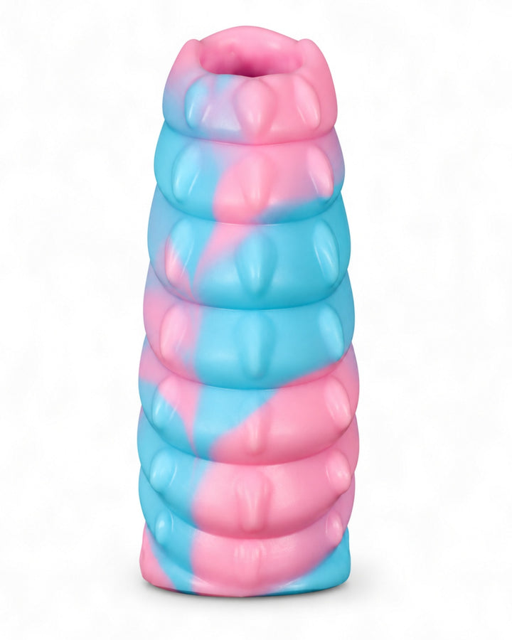 front view of a pink-and-blue marbled silicone sleeve with raised ridges, an integrated loop and embossed Phreak logo, on a white background.