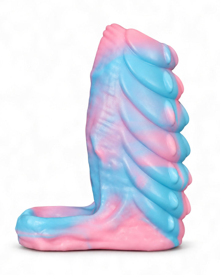 side view of a pink-and-blue marbled silicone sleeve with raised ridges, an integrated loop and embossed Phreak logo, on a white background.