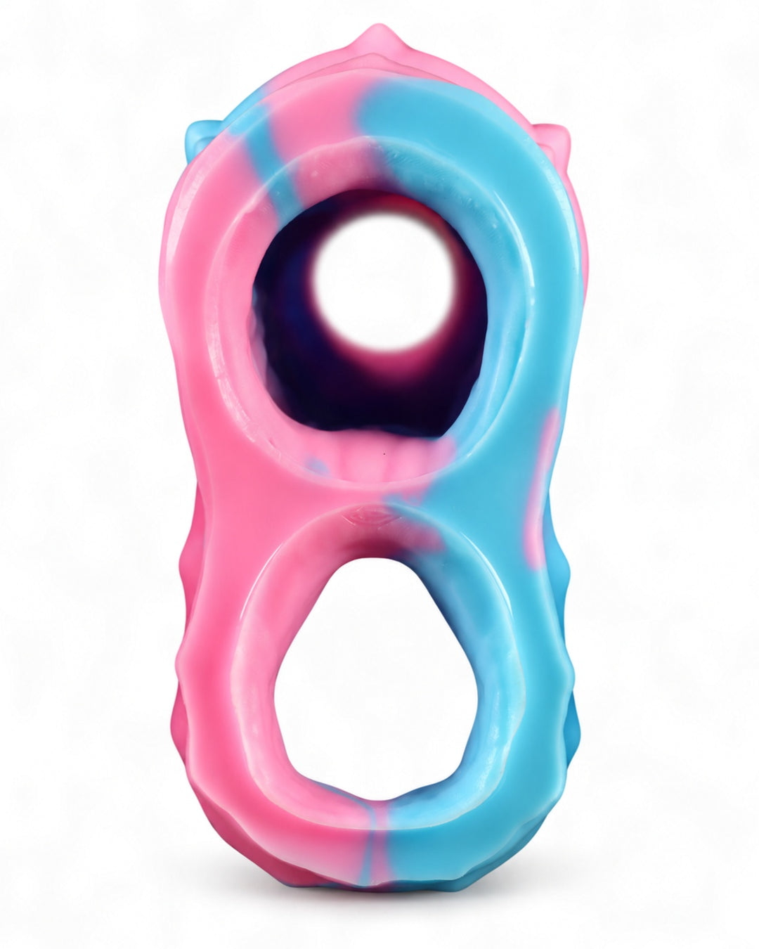 back view of a pink-and-blue marbled silicone sleeve with raised ridges, an integrated loop and embossed Phreak logo, on a white background.