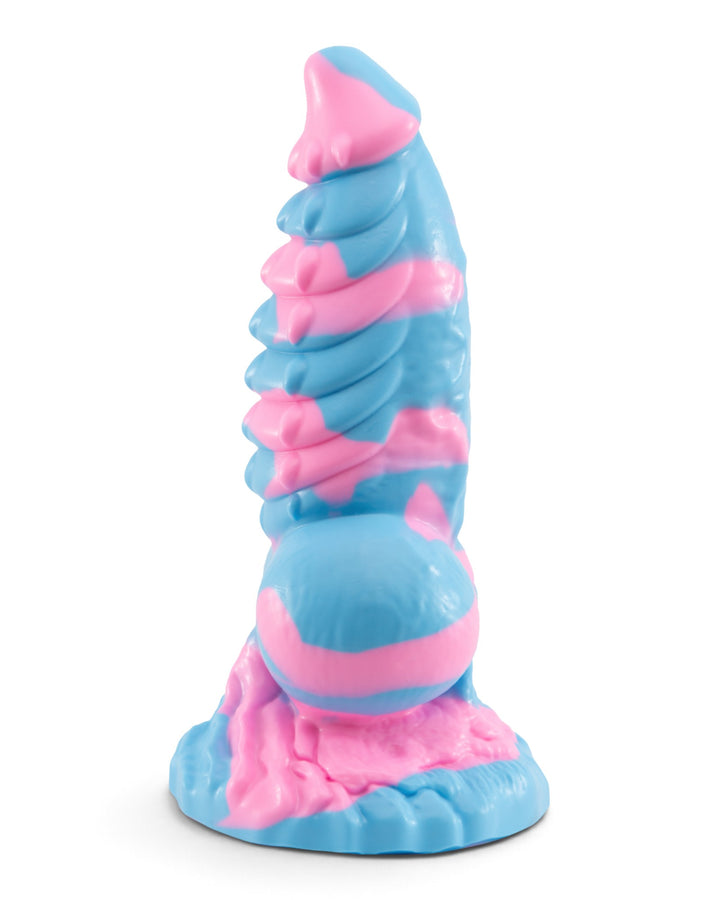 Side view of pink and blue Dovah showing its curved profile, raised ridges and rounded lower contours.