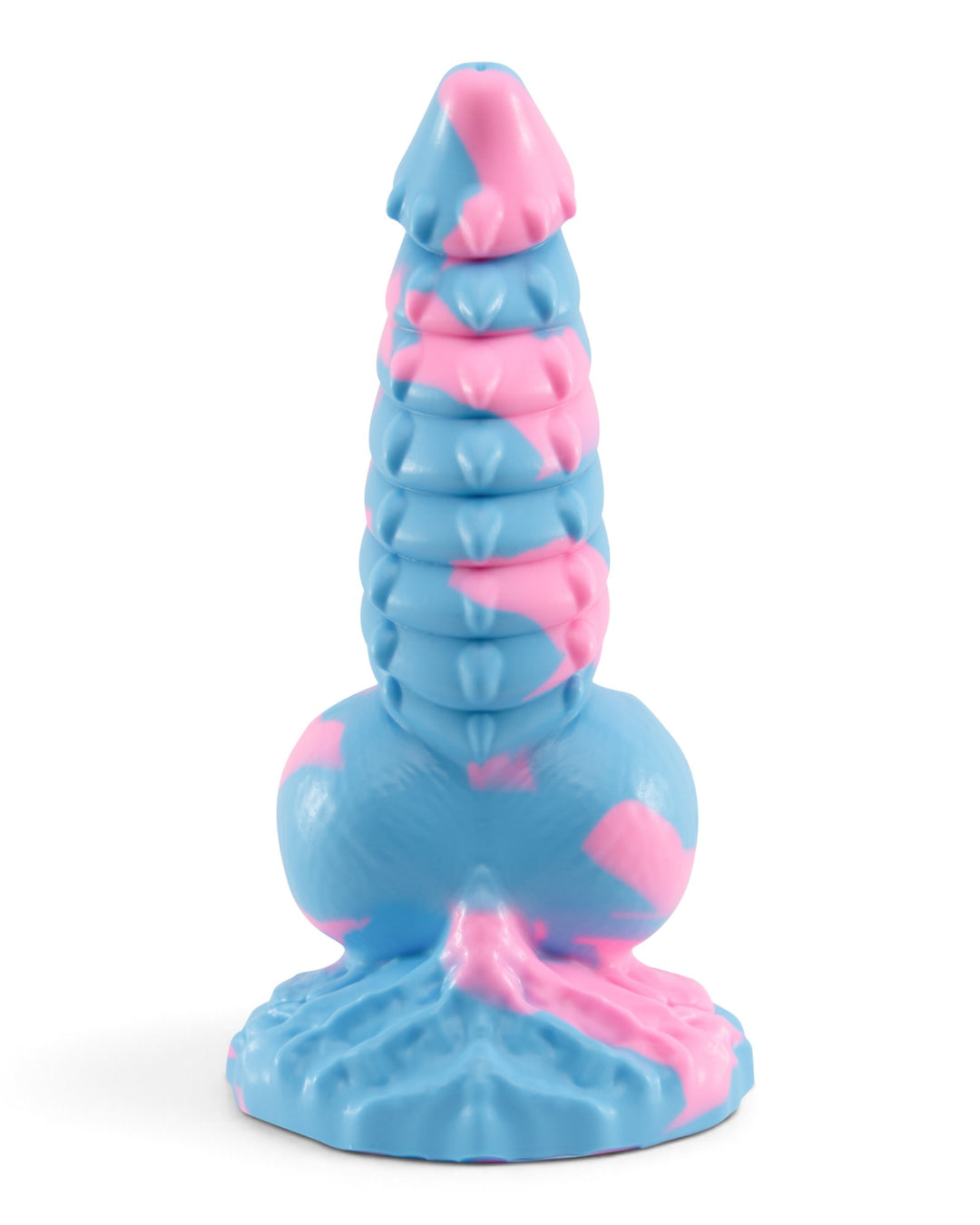 Front view of pink and blue Dovah with layered ridges, small raised points and a broad sculpted base.