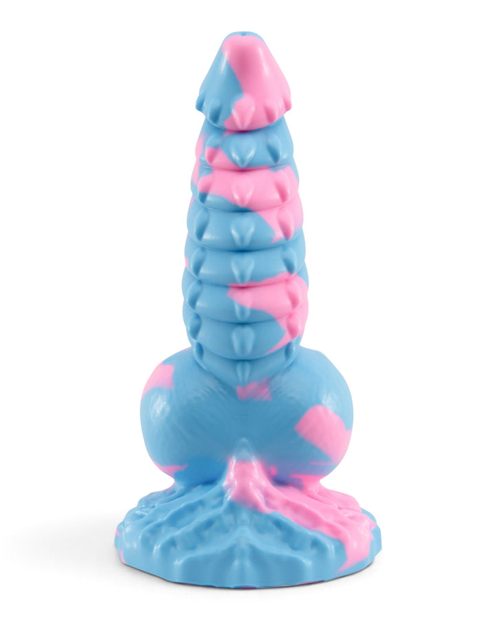 Front view of pink and blue Dovah with layered ridges, small raised points and a broad sculpted base.