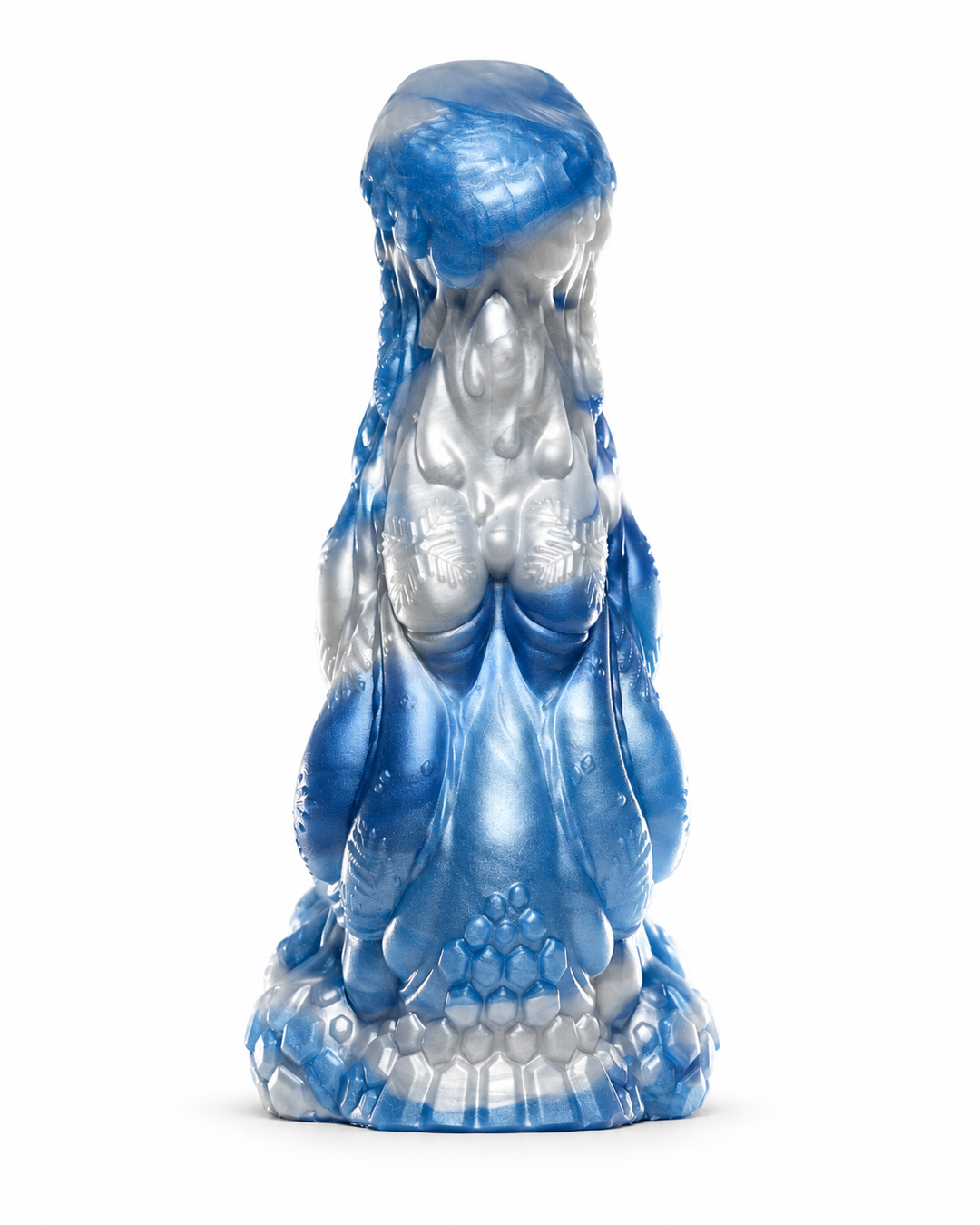 Front view of Everest showing blue and silver marbling, layered textures and a wide, rounded base.