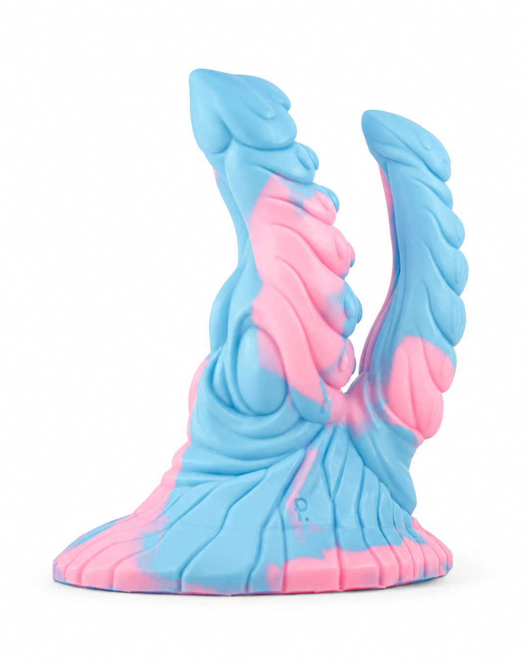 Pastel blue and pink Fenyx silicone toy with two ridged shafts and a broad textured base on a white background.