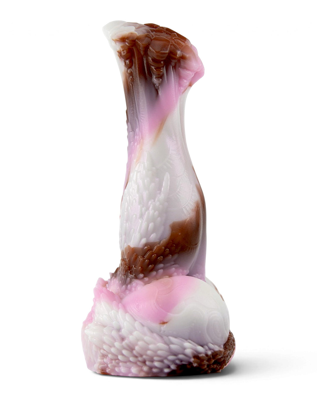 Side view of Frostmane showing its curved profile, raised textures and pink, white and chocolate-brown marbling.