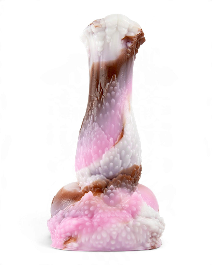 Rear view of Frostmane showing raised scale-like textures across the shaft and flared base in pink, white and brown.