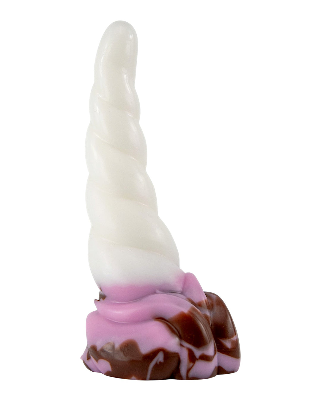 Angled view of Frostmane’s Horn showing its curved white spiral and marbled pink and brown base.