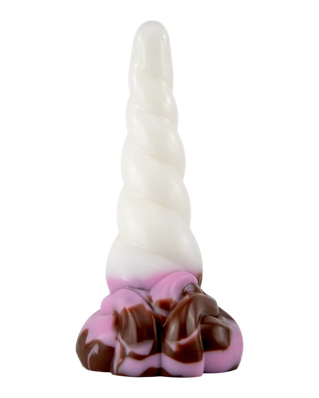 Alternate view of Frostmane’s Horn with a tapered white spiral and pink and chocolate-brown sculpted base.
