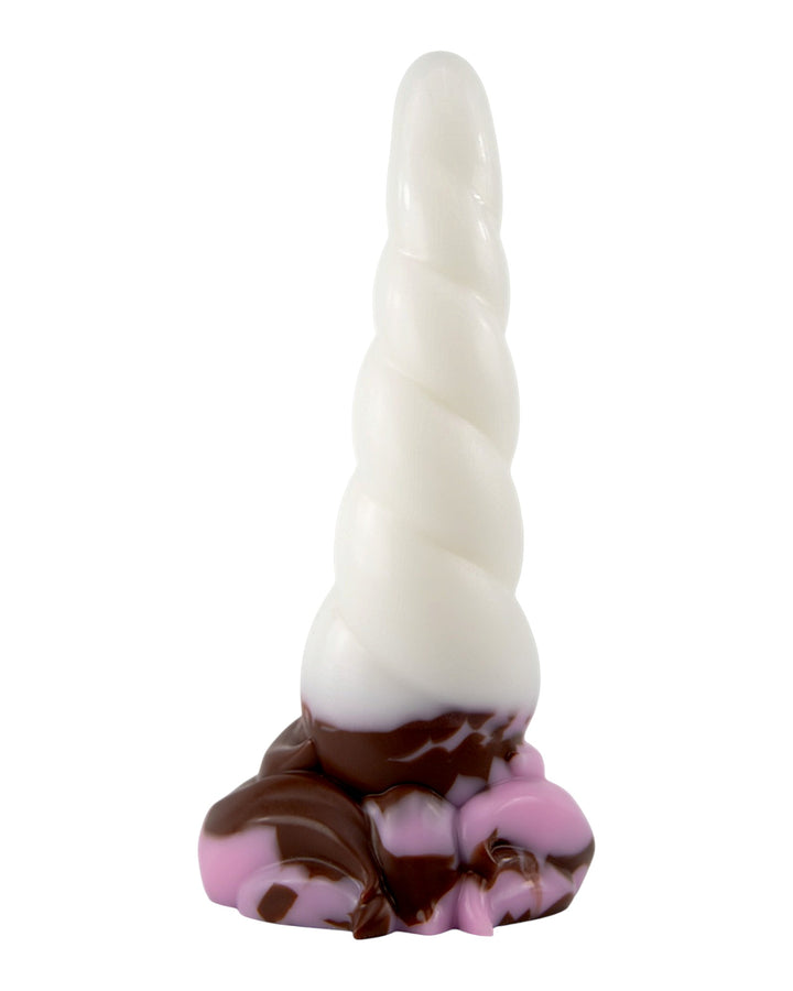 Frostmane’s Horn silicone toy with a white spiral horn and sculpted pink and chocolate-brown base.