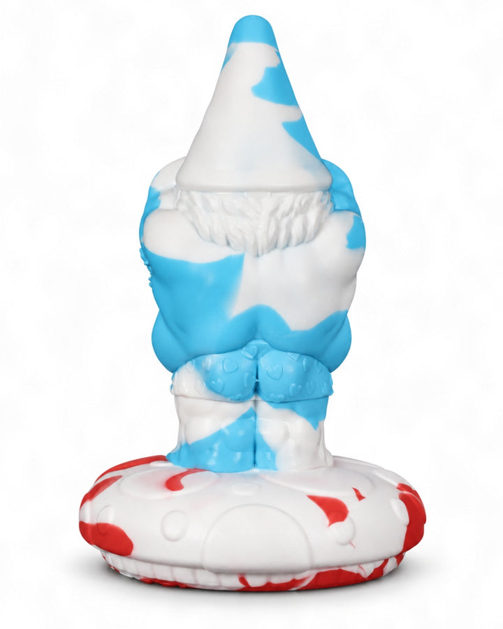 Rear view of the blue and white marbled Gnomey-Oh silicone toy on a red and white mushroom base, against a white background.