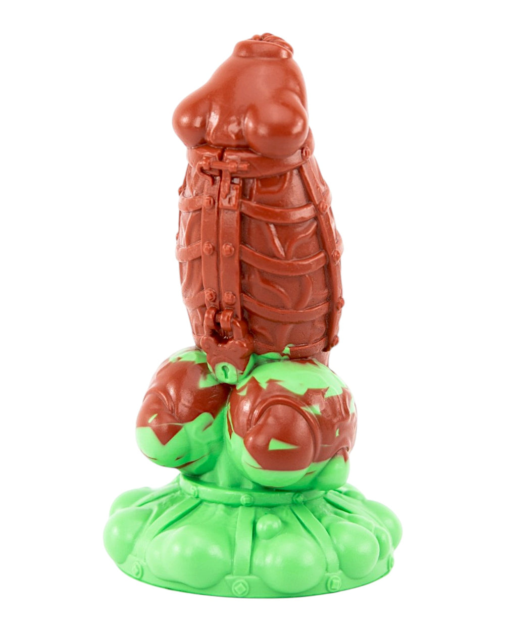 Angled front view of Kaige showing raised cage details, a padlock and red marbling above its mint-green base.