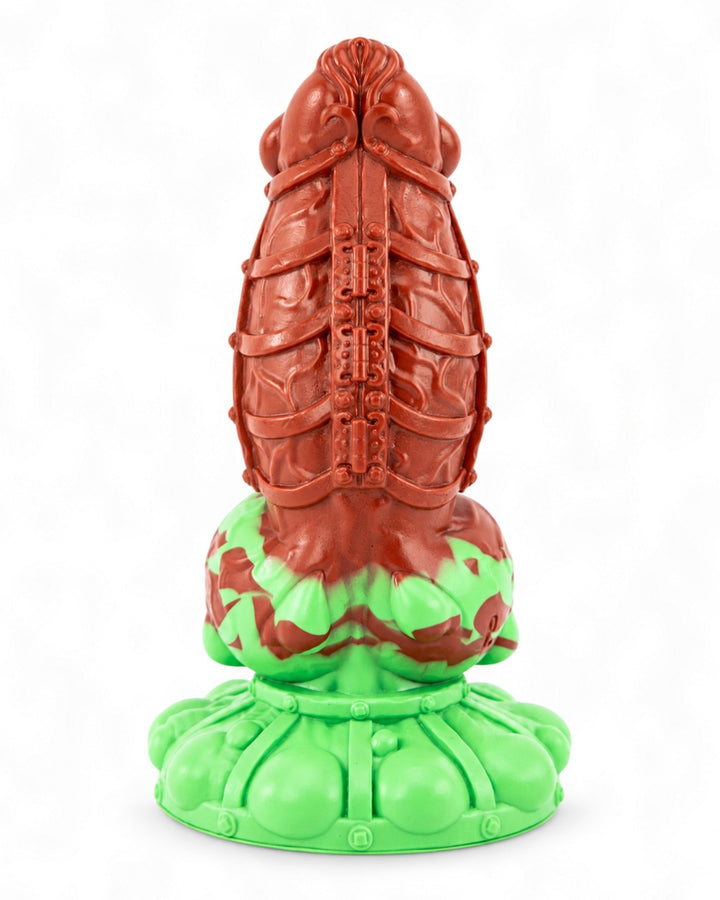 Rear view of Kaige in red and mint-green silicone, showing sculpted hinges, cage bands and a broad textured base.