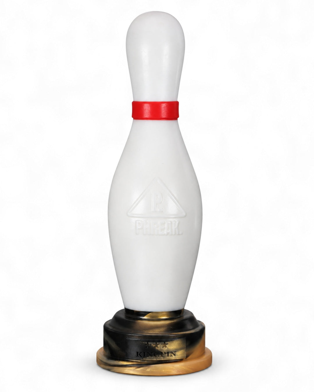 White Kingpin bowling-pin-shaped product with a red neck band, embossed Phreak logo and black-and-gold trophy base on a white background.