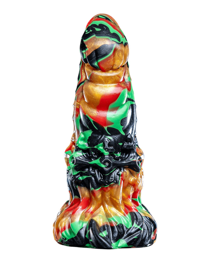 Krampus silicone toy in black, green, red and metallic gold, showing sculpted ridges, an ornate collar and flared base.