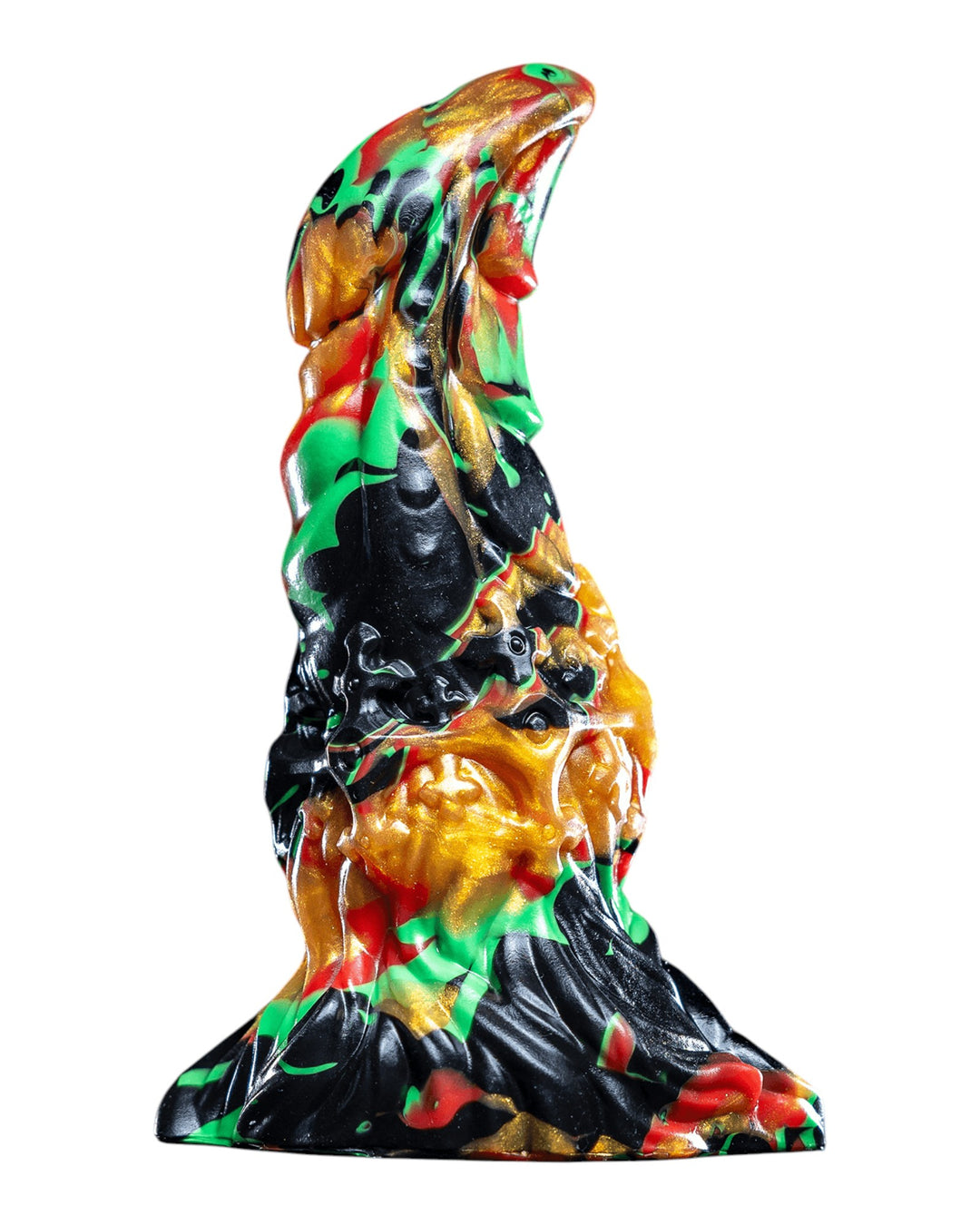 Side view of Krampus showing its left-curving tip, raised collar details and flowing texture around the base.