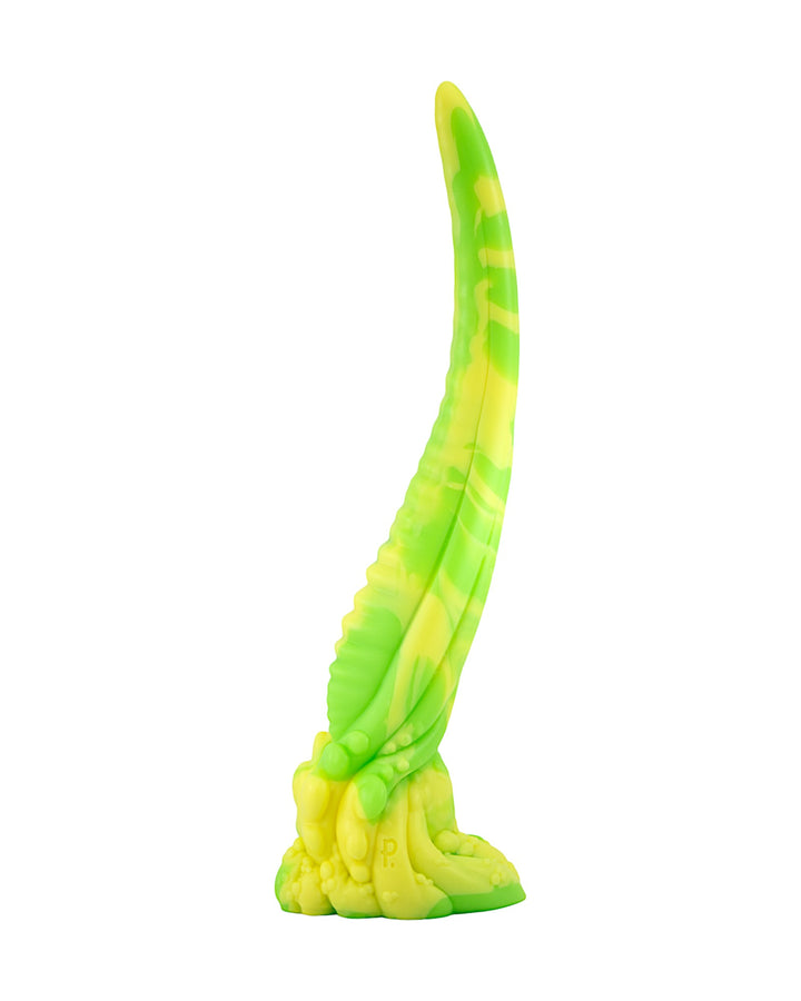 Lime-green and yellow silicone fantasy toy with a long curved tip, raised ridges and a sculpted base bearing the Phreak logo.