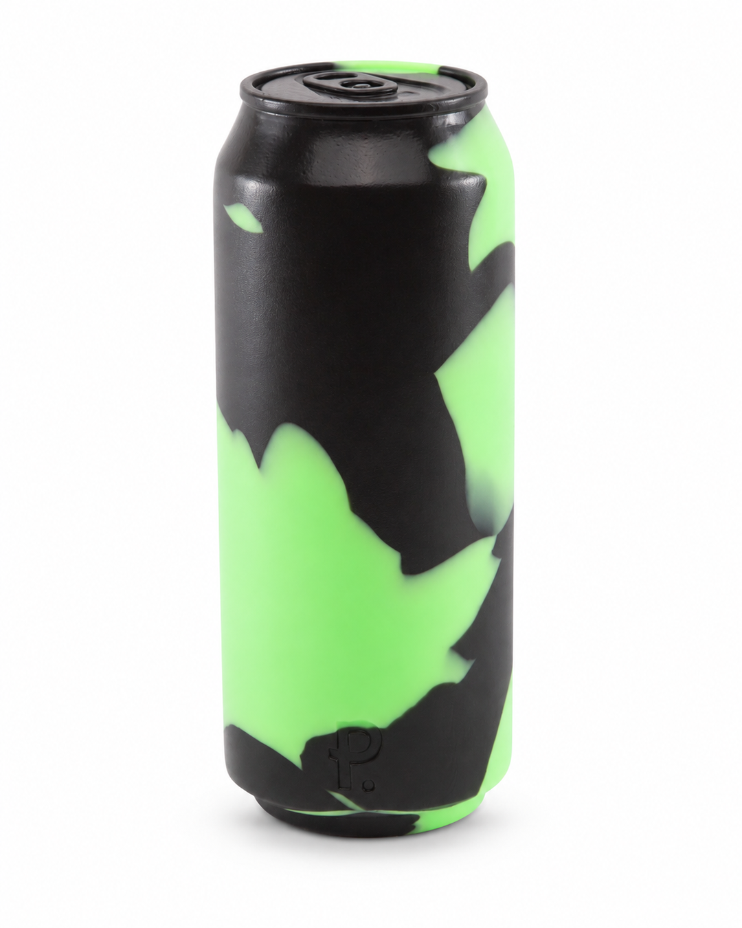 Tall black and lime-green silicone can-shaped toy with a moulded ring-pull top and Phreak logo, standing on white with a soft shadow.
