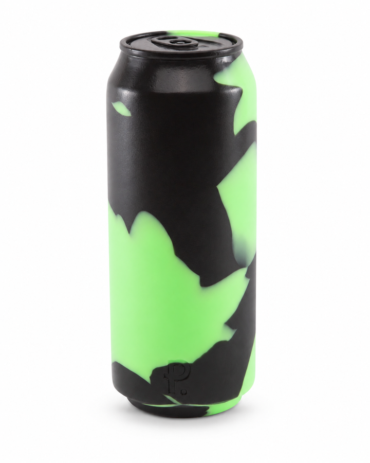 Tall black and lime-green silicone can-shaped toy with a moulded ring-pull top and Phreak logo, standing on white with a soft shadow.