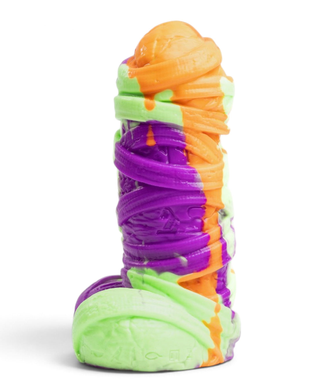 Side view of Phreak’s Mummy silicone toy showing layered bandages and hieroglyphic details in purple, green and orange.