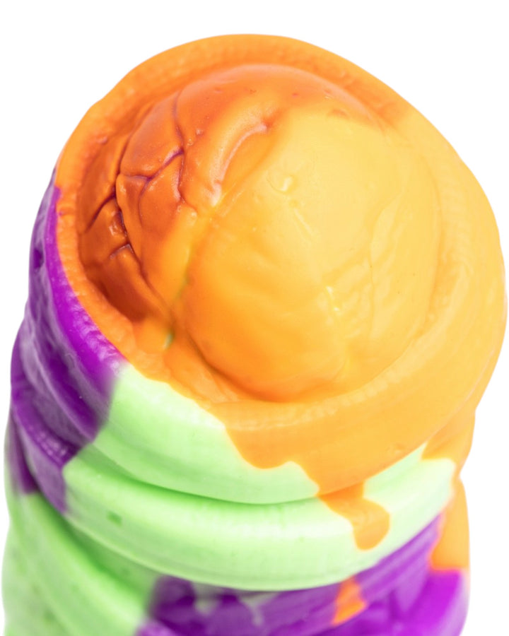 Close-up of the Mummy toy’s orange tip surrounded by textured silicone bandages.