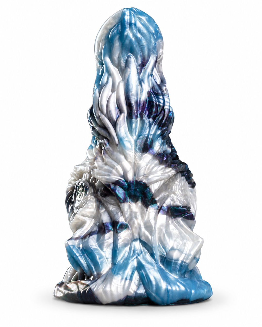 Reverse view of Okami, showing rounded horizontal ridges and blue, white and iridescent purple marbling on white.