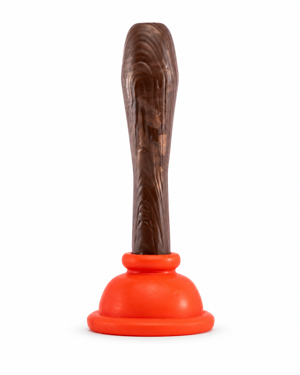 Phreak Plunger silicone toy with a brown woodgrain handle and bright orange base, viewed from behind on white.
