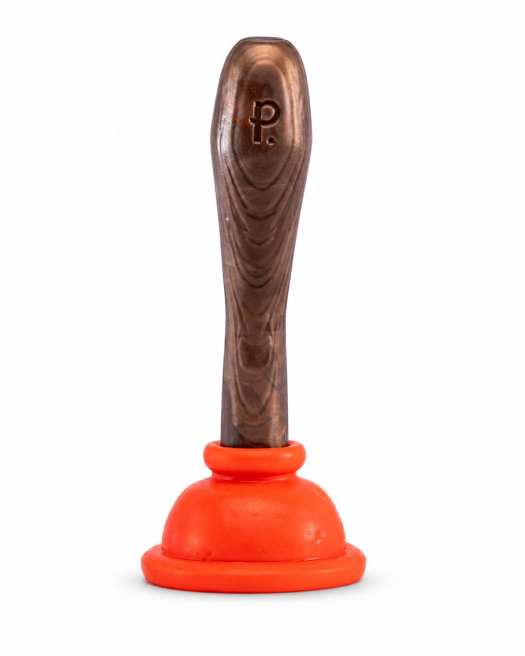 Phreak Plunger silicone toy with a brown woodgrain handle and bright orange base, viewed from behind on white.