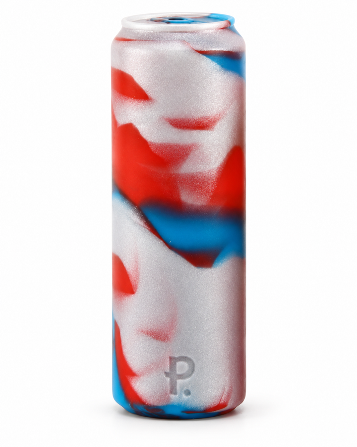 Tall silicone Redbull Can toy in pearlescent silver, red and blue, with a moulded Phreak logo, standing upright on white with a soft shadow.