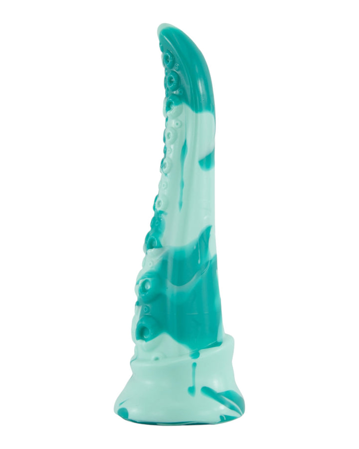 Side view of a mint and teal silicone tentacle toy showing its gently curved profile and textured front edge.