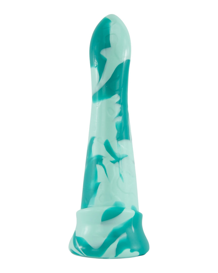 Rear view of a mint and teal silicone tentacle toy showing its smooth surface, marbled colours and flared base.