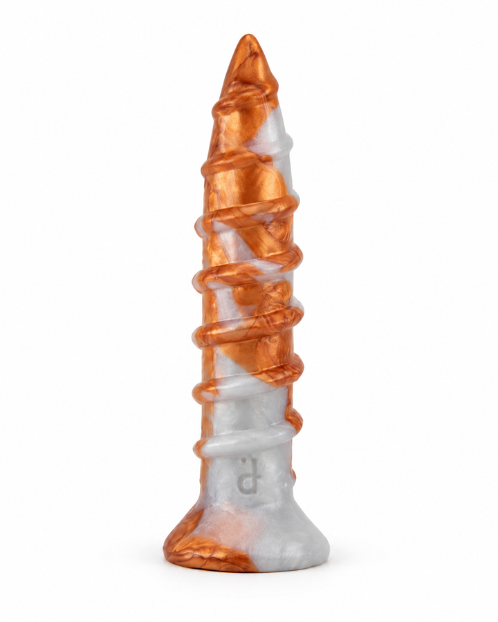 Phreak’s Screw silicone toy in metallic copper and pearlescent white, with raised spiral ridges and a flared base on white.