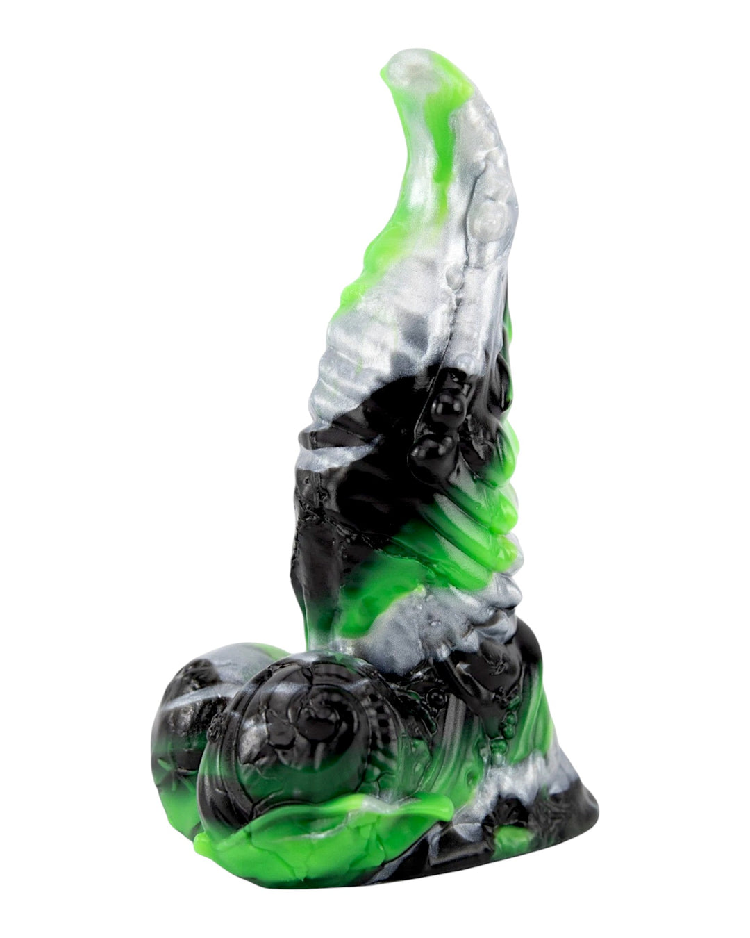 Three-quarter view of Splicer in lime green, silver and black silicone, showing raised suckers and spiral shell details at the base.