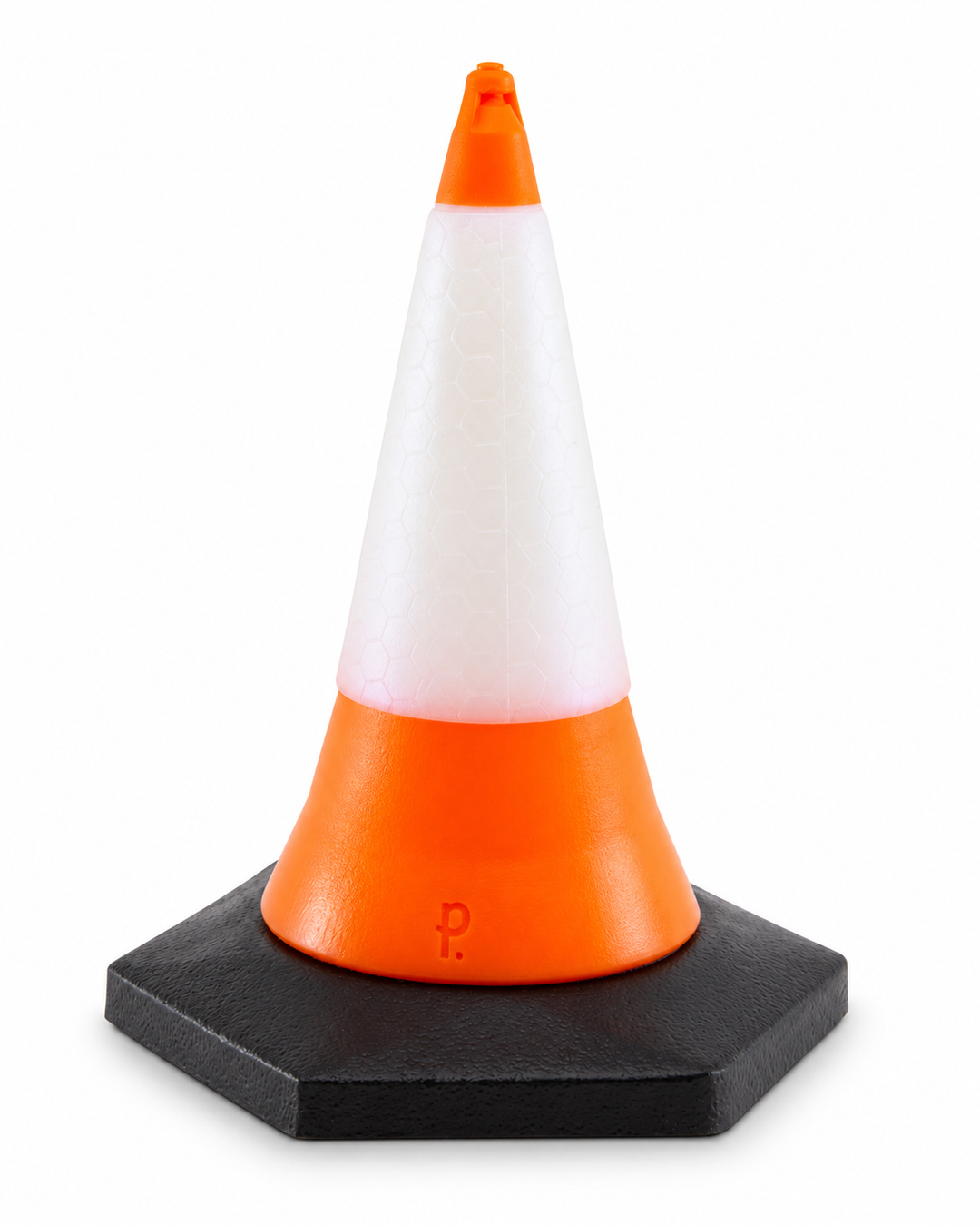 Front view of Phreak’s orange and white silicone Traffic Cone toy with an embossed logo and textured black base on white.