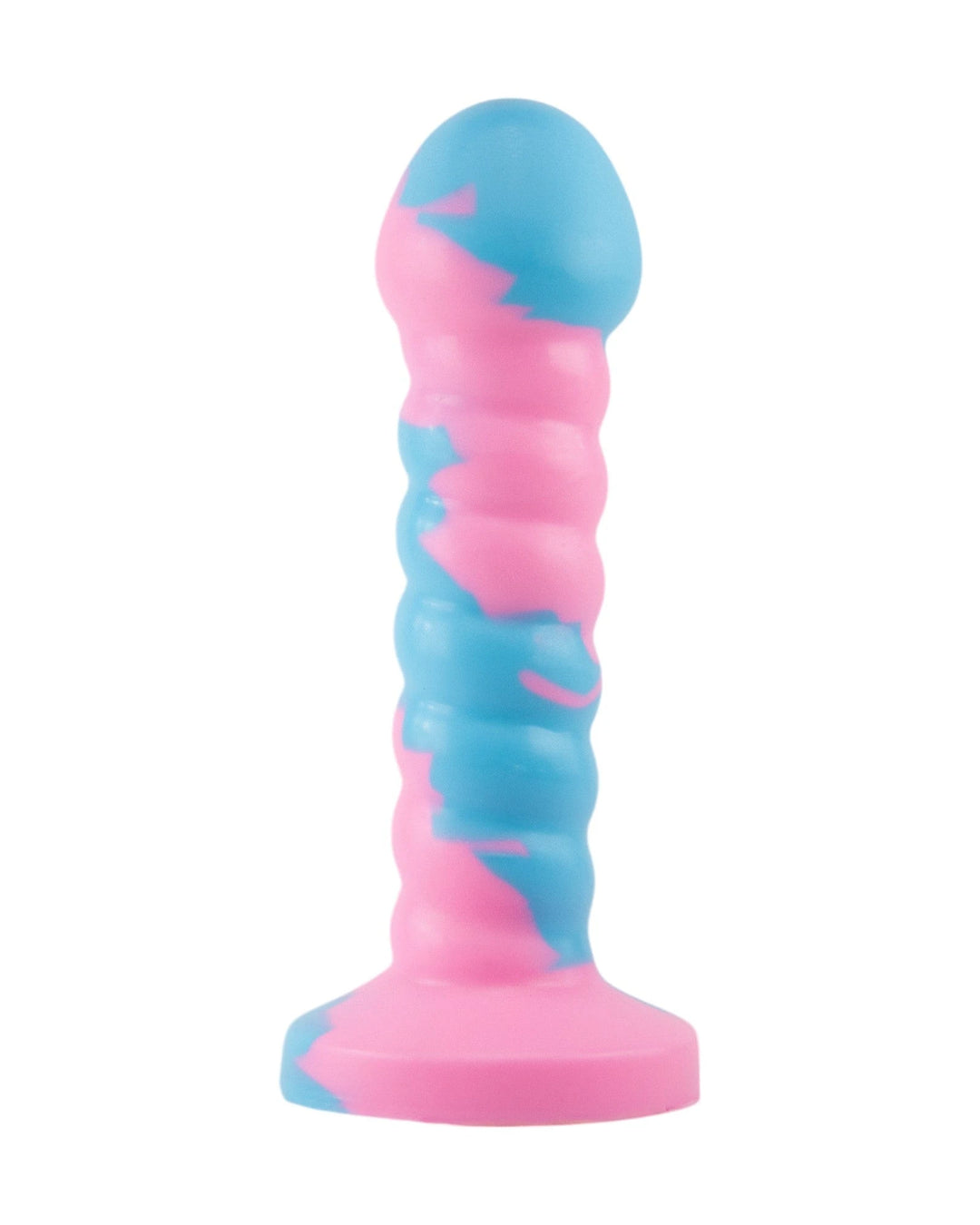 Pink and blue marbled silicone toy with a rounded tip, ridged shaft and flared base, shown upright.