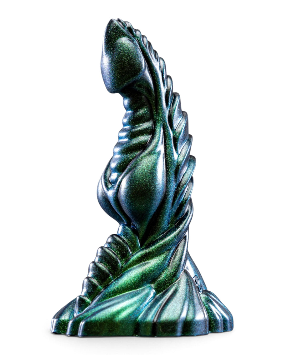 Side view of a metallic teal and green Phreak silicone toy with sweeping sculpted ridges and a flared base.
