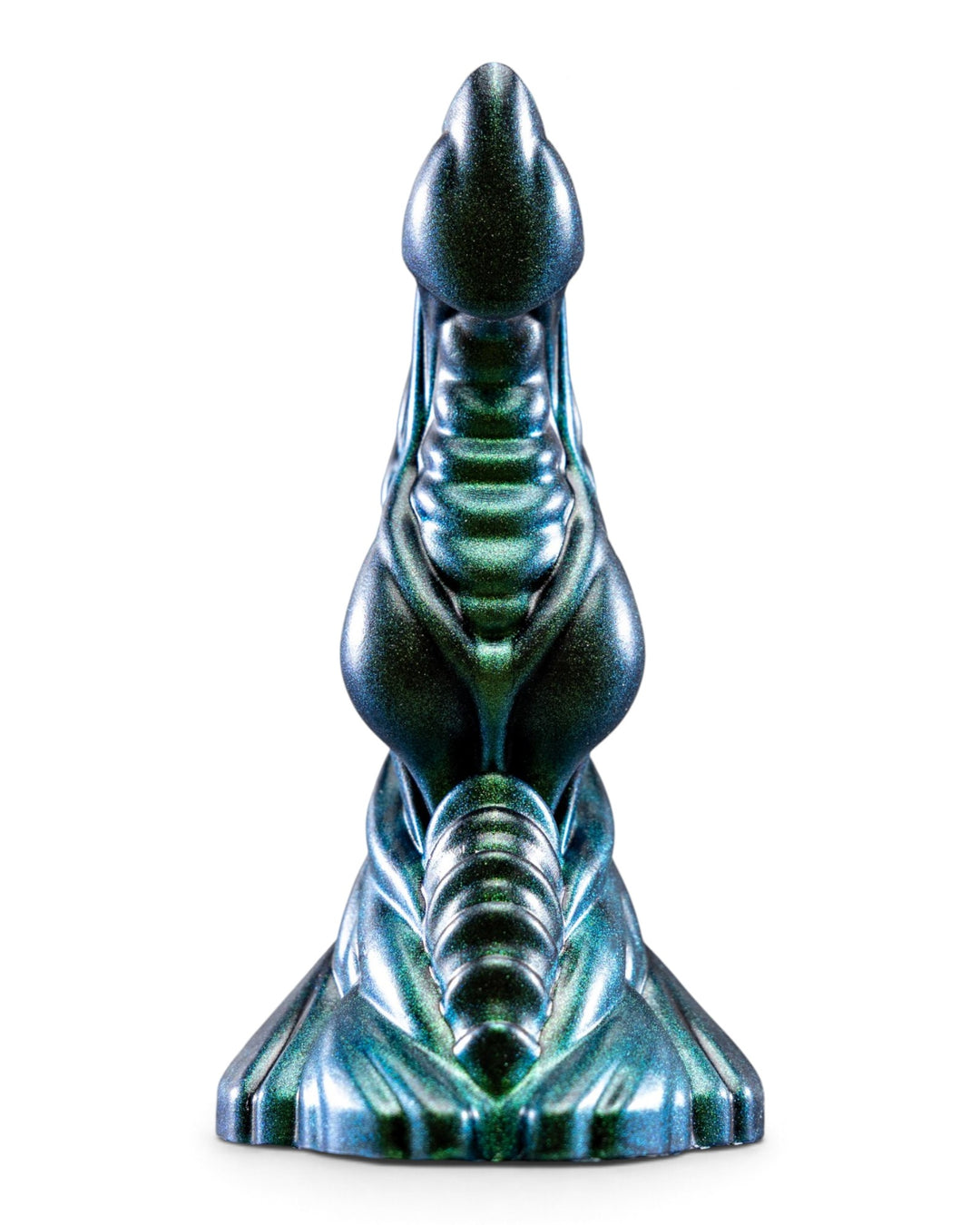 Front view of a metallic teal and green Phreak silicone toy showing rounded contours, ribbed details and a broad base.