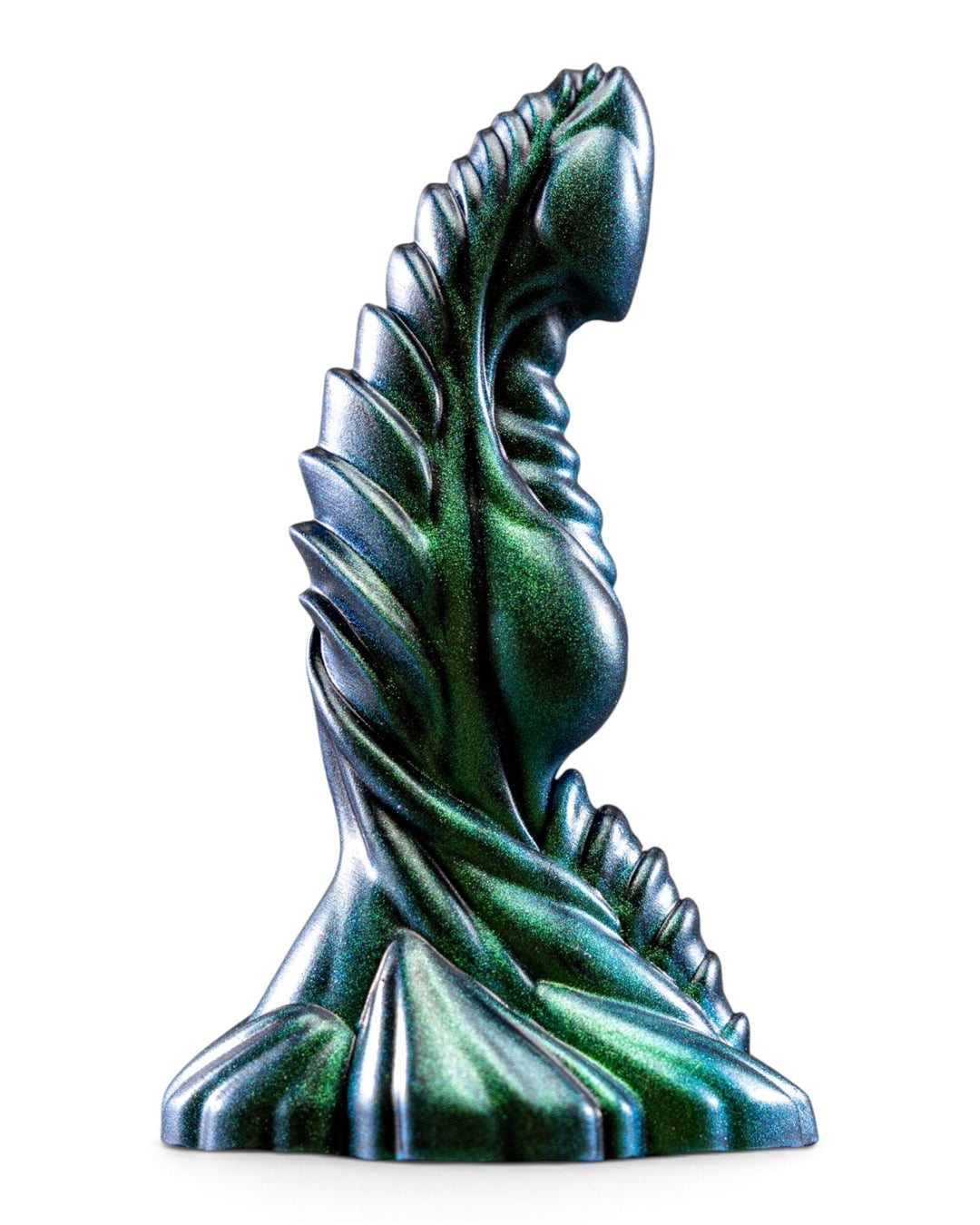 Opposite side view of a metallic teal and green Phreak silicone toy showing its curved profile and layered ridges.