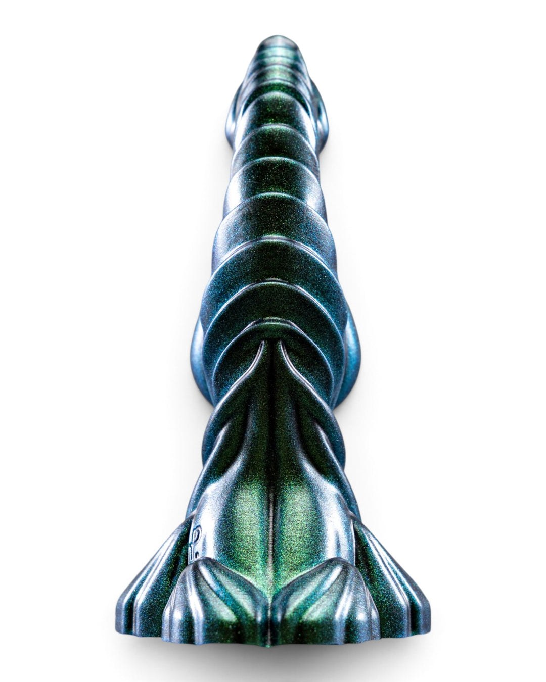 Rear view of a metallic teal and green Phreak silicone toy with overlapping sculpted plates and a flared base.