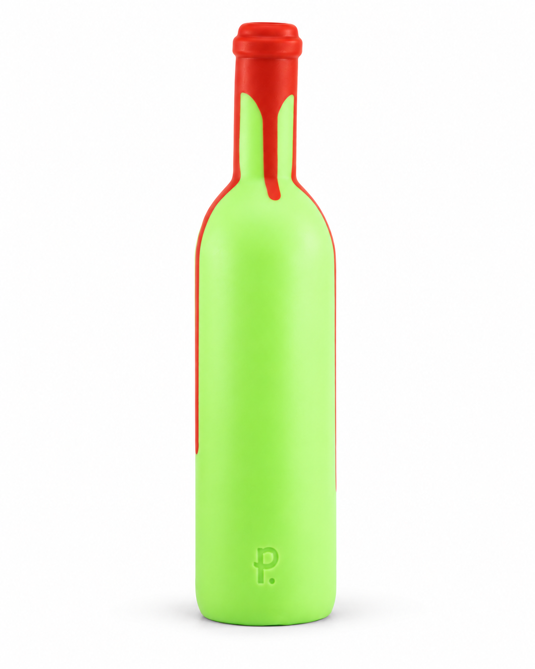 Lime-green silicone wine bottle toy with a red top and drips, featuring a moulded Phreak logo, upright on white with a soft shadow.