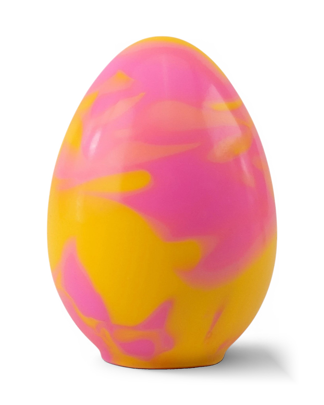 Smooth Yolk silicone egg with pink and mango swirls, standing upright on a white background with a soft shadow.