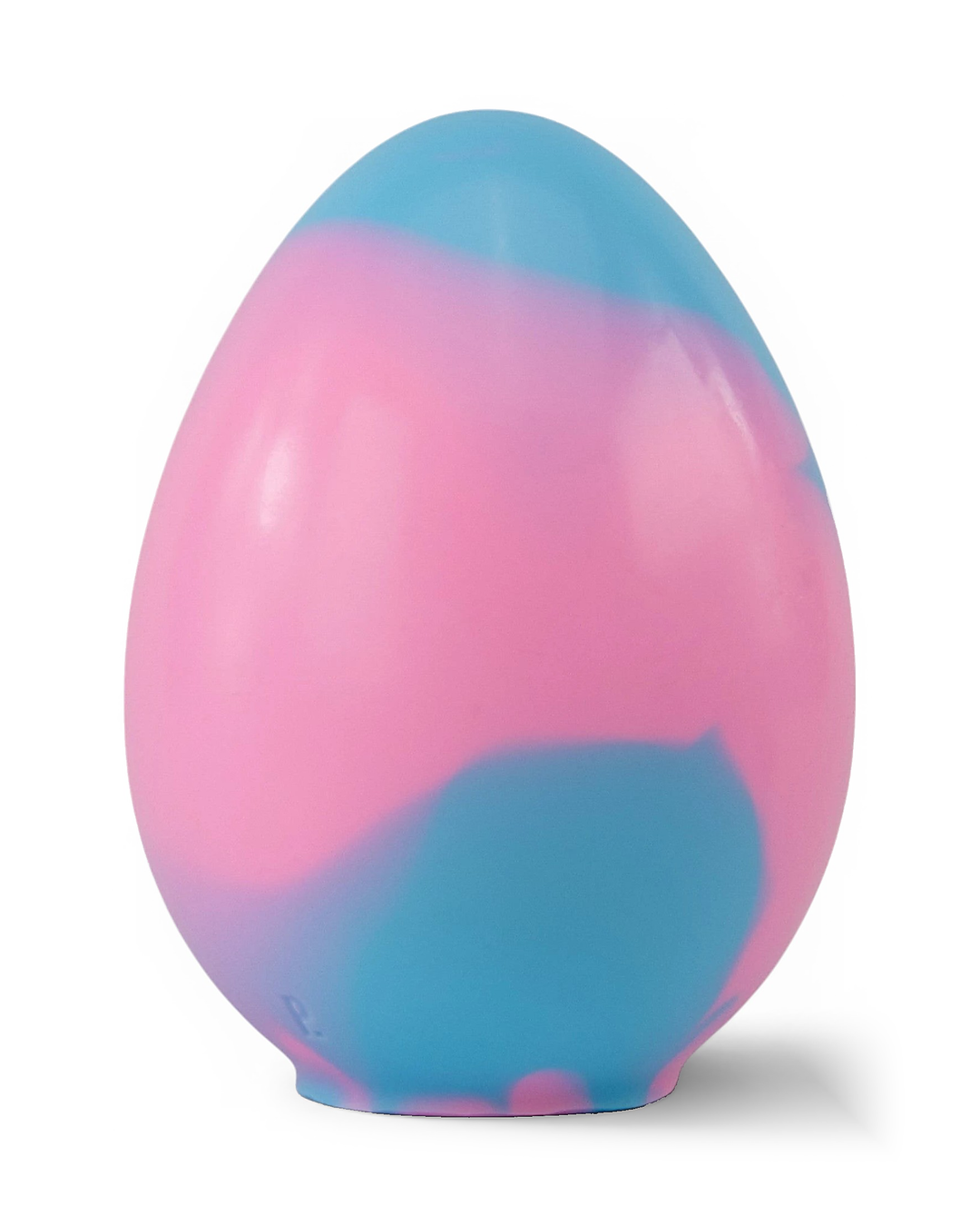 Smooth Yolk silicone egg with pink and blue colouring, standing upright on a white background with a soft shadow.